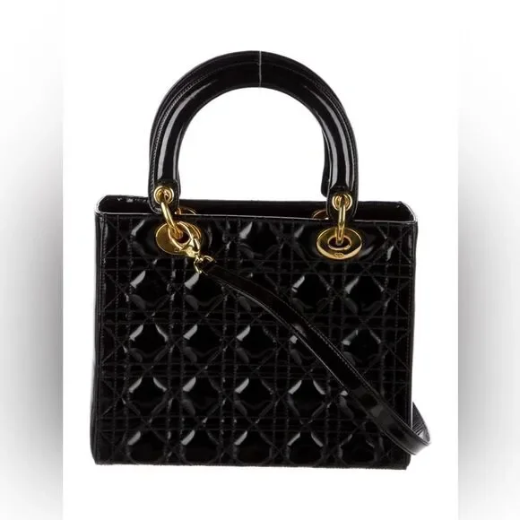 Christian Dior Vintage Medium Lady Dior Black Patent Cannage Bag Gold Hardware - Picture 3 of 14